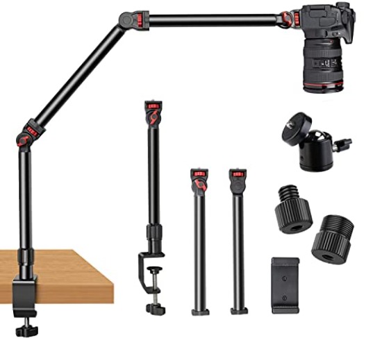 DImotliyor Overhead Camera Mount Desk Stand, 3-Section Flexible Detachable Articulating Arm with 1/4“ 3/8" 5/8" Screw&360° Ball Head, C-clamp Tabletop Mount for DSLR Camera/Webcam/Microphone/Lights - Overhead Camera Mount Rig