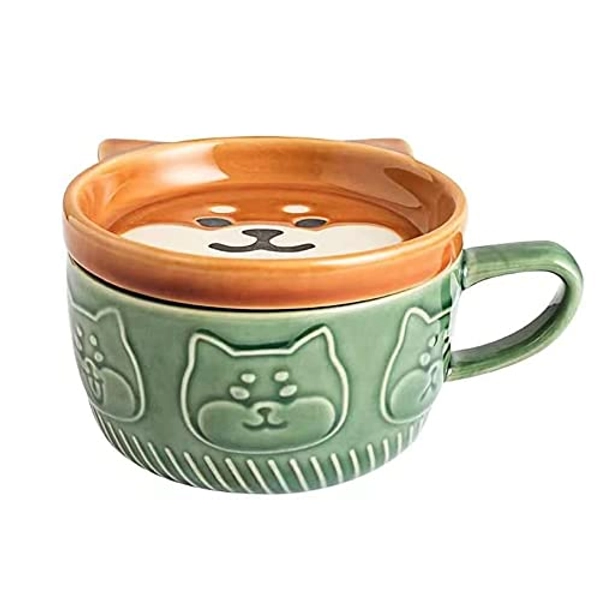 Tiamu Japonaise Tasse à café mignonne en Céramique, Cadeau Maman/Papa, Kawaii Shiba Inu Panda Tasse avec couvercle, Couple Mug de lait de thé -déjeuner Tasse cadeau de noel (vert