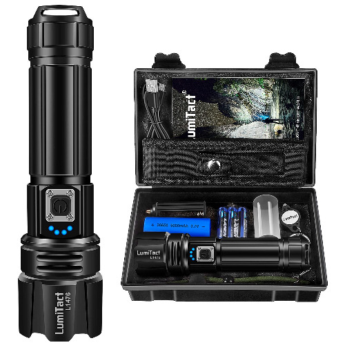 Lumitact Torches LED Super Bright, Rechargeable LED Torch 10000 Lumens XHP70.2, Tactical Flashlight with Holster, IP67 Waterproof, 5 Light Modes, for Camping Hiking Emergency (with 26650 Battery)