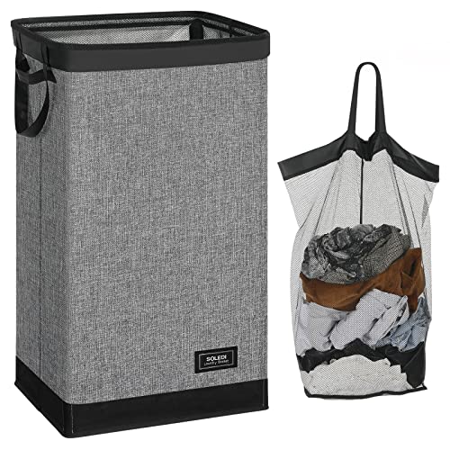 SOLEDI 100L Large Laundry Basket, Collapsible Laundry Hamper, Grey Washing Baskets for Laundry with Sturdy Inside Laundry Bag and Handles - Foldable Laundry Baskets for Bedrooms - Grey 100 Liters - 100L - Grey - Without Lid-100l