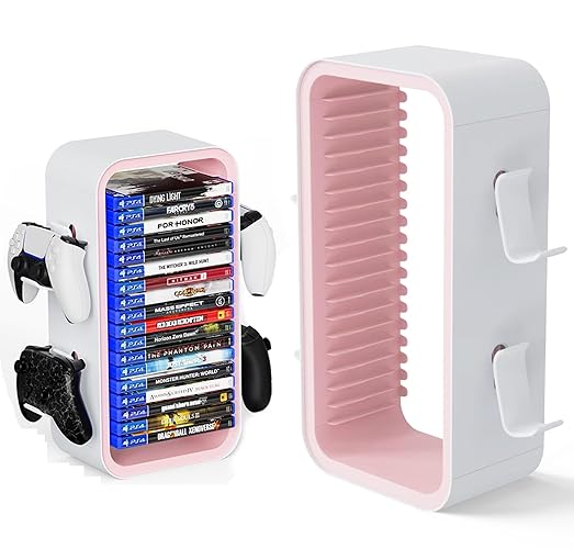 wigmoa OYO-1【15.8INCH】Game Storage Tower Compatible with PS5/ Xbox Series S & X/Switch, Universal Video Games Discs Organizers 18 PCS with 4 Controllers Holder, Game Disk Box Stand. (White/Pink) - White/Pink