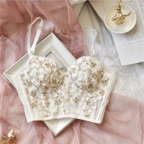 Floral Embroidered Bustier - White Floral / L