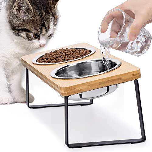 Elevated Cat Bowls for Food and Water - Loplurea 15° Tilted Raised Stainless Steel Cat Food Bowl with Bamboo Stand and Anti Vomit Feeding Station for Indoor Cats and Pet - 2 Bowls