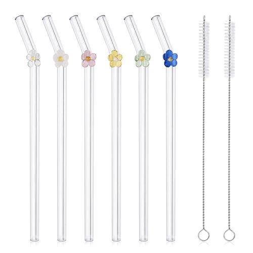 DUMING-IN 6 Pcs Reusable Glass Straws with 2 Cleaning Brushes, Cute Colorful Flower Glass Straws Shatter Resistant, Reusable Straws Dishwasher Safe for Smoothies, Milkshakes, Juices, Teas - 7.9''×8MM