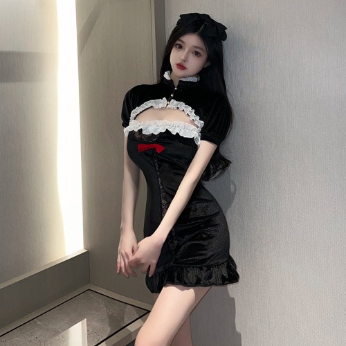 Black Cheongsam Dress with Crop Top - Black / S