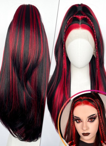 Black Mixed Red Braided Lace Front Synthetic Wig LF2148 | Black Mixed Red