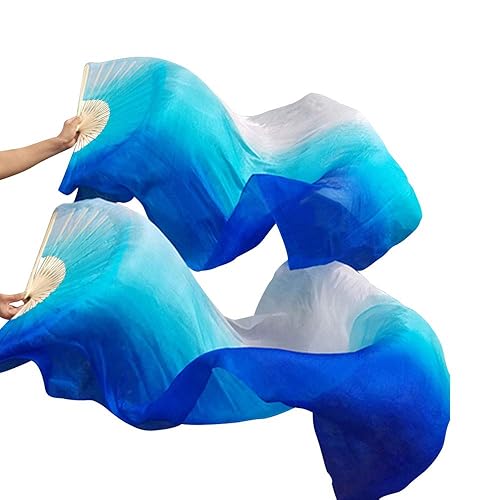 KIKIGOAL 1 Pair(Left+Right) Women Real Silk Belly Dance Fan Veil, Length 180cm Width 90cm - Gradual Blue