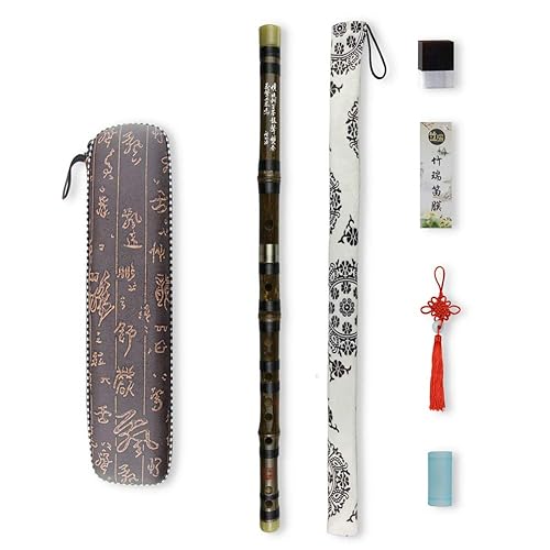 D Key Dizi Black Bamboo Flute with Free Membrane & Glue & Protector Set Traditional Chinese Instrument (Key of D/Black Bamboo) - Key of D - Black Bamboo