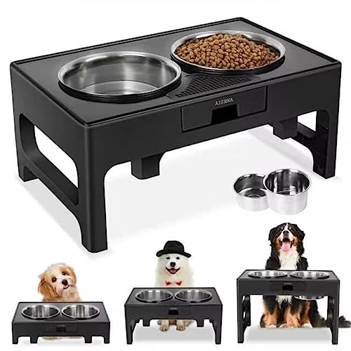 Elevated Dog Bowls, Stainless Steel Raised Dog Bowl with Adjustable Stand, Double Dog Food and Water Bowl for Medium Large Dogs or Cat, 3 Heights 3.9”, 7.8”, 11.8” (Black) - Black