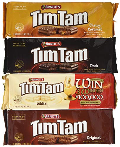 Arnotts Tim Tam Cookies Australian Classics Sampler (Original, Chewy Caramel, White, Dark) 4 Pack Full Size