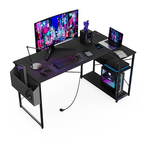 BEXEVUE Computer Desk with Power Outlets, 40 Inch L Shaped Desk with Reversible Shelves, Gaming Desk Study Work Desk for Home Office Bedroom Small Space, Black - Black - 40 inch