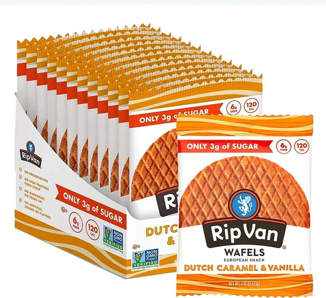 Rip Van WAFELS Dutch Caramel & Vanilla Stroopwafels - Healthy Snacks - Non GMO Snack - Keto Friendly - Office Snacks - Low Sugar (3g) - Low Calorie Snack - 12 Count (Packaging May Vary) - 1.16 Ounce (Pack of 12)
