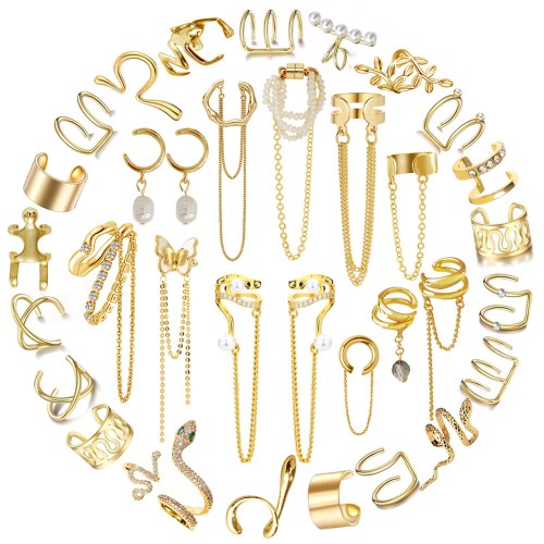 35 PCS Gold Silver Adjustable Ear Cuffs Earrings for Women Girls Non-Piercing Cartilage Clip on Earrings Wrap Ear Jewelry Set,Punk Snake Butterfly Claw Stud Earrings for Women Girls Gift