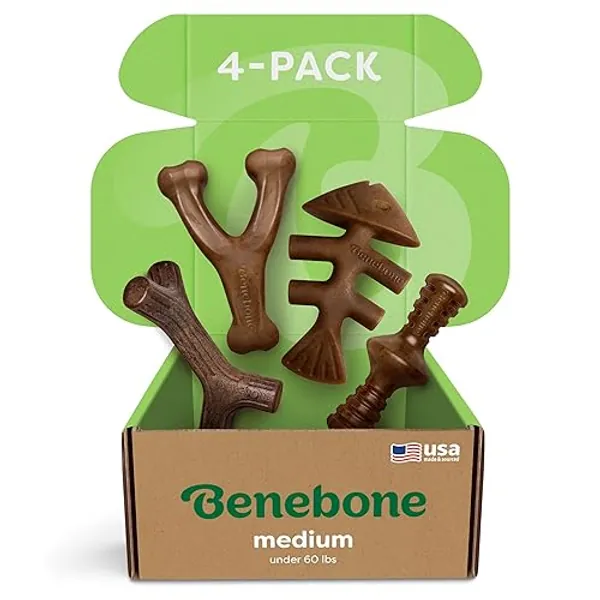 Benebone Medium 4-Pack Dog Chew Toys for Aggressive Chewers, Made in USA, 60lbs and Under - Medium - Dog Chew Toys