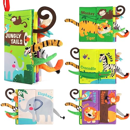 beiens Baby Books Toys, Touch and Feel Crinkle Cloth Book for Infant Baby 0-3-6-12-18 Months, Early Development Interactive Stroller Soft Toys, Shower Gifts Christmas Stocking Stuffers for Boys Girls - Jungle Tails-1 Book