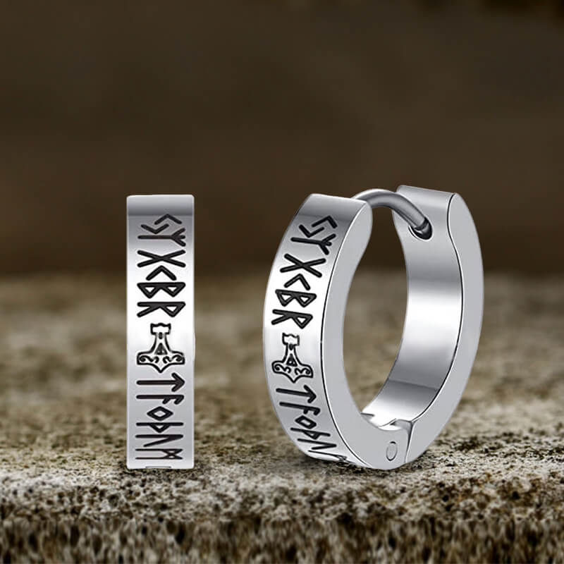 Viking Runes Stainless Steel Huggie Earrings - Silver / A Pair