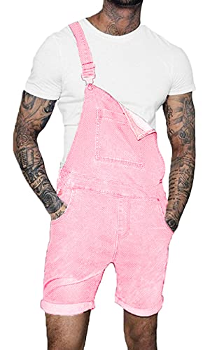 CHARTOU Men's Classic Fit Mid-Rise Suspender Straps Cuffed Hem Shorts Denim Overall - X-Large - Pink