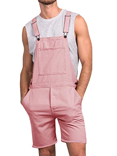 Runcati Mens Casual Bib Overall Shorts Lightweight Cotton Loose Fit Denim Jumpersuit Walkshort Pockets Rompers - XX-Large - Pink