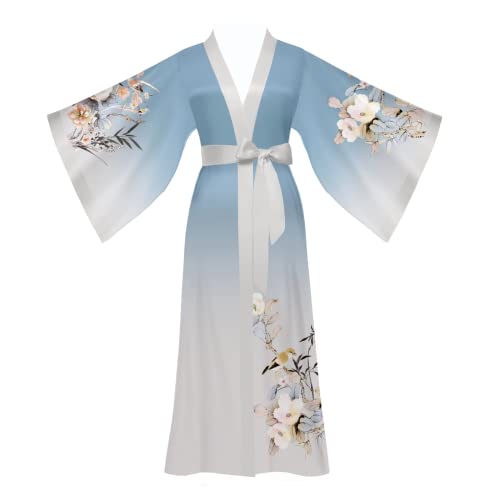 Satin Morgenmantel Damen Leicht Lang Robe Kimono Sommer Satin Bademantel Damen Strandkleid Leicht Schlafmantel - 46-52 - Farbverlauf Blau