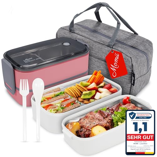 Premium Lunchbox Erwachsene und Kinder inkl. Tragetasche und Besteck Bento box Edelstahl Brotdose Kinder mit Fächern Brotdose Erwachsene Kindergarten Lunch box Jausenbox Brotdosen Bananenbox (Rosa) - Rosa