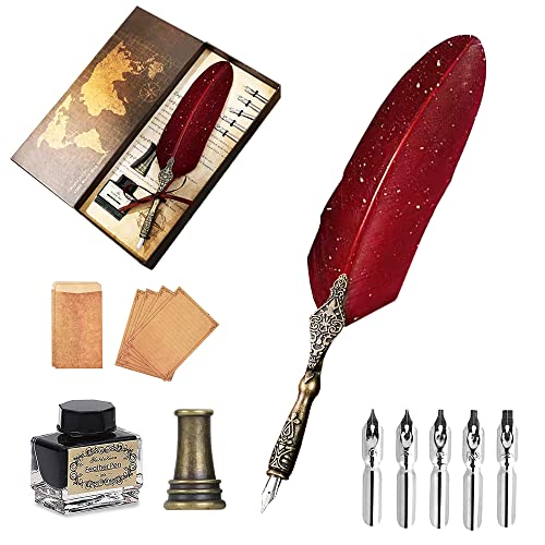 AOMAYLL Federstift Tinte Set,Vintage Dip Pen,schreibfeder Kalligraphiestift-mit 5 Federn und schwarzer Tinte, Perfekt für Kalligraphie Anfänger (Mit Tinte) - Rot-2
