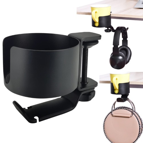 MAGGHEVI Headphone Holder,2 in 1 Anti-Spill Cup Holder with Under Desk Headphone Hanger 360° Adjustable & Rotating Arm Clamp Headset Stand,Organizer Accessories for Office or Gaming Room