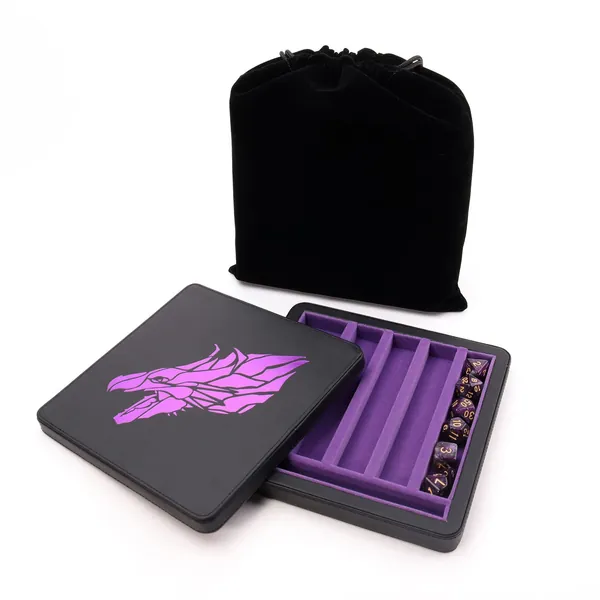 Guarida Dice 7 Rolling Dice Tray with Strong Magnetic Lid and Rolling Surface Ample Storage and Case Organizer for All Your Dice and Minis Perfect for DND or Any Dice RPG Games -Dragon Purple Design