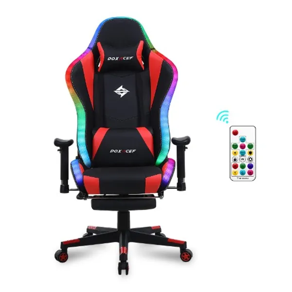 DOXACEF RGB Gaming Chair with Massage and Footrest Large Ergonomic Computer Desk Chair Video Gaming Chair with LED Light Effect Adjustable Reclining Gamer Chair - Rgb Red Seat and Backrest