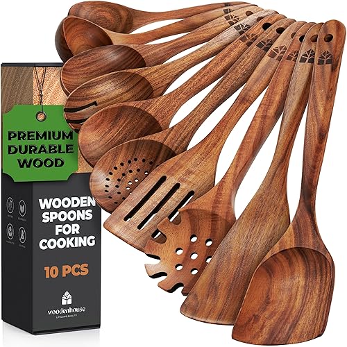 Wooden Spoons for Cooking, 10 Pcs Wooden Cooking Utensils Set – Wooden Utensil Set for Nonstick Pans & Cookware – Teak Wood - Sturdy, Lightweight & Heat Resistant - 10 Piece Set