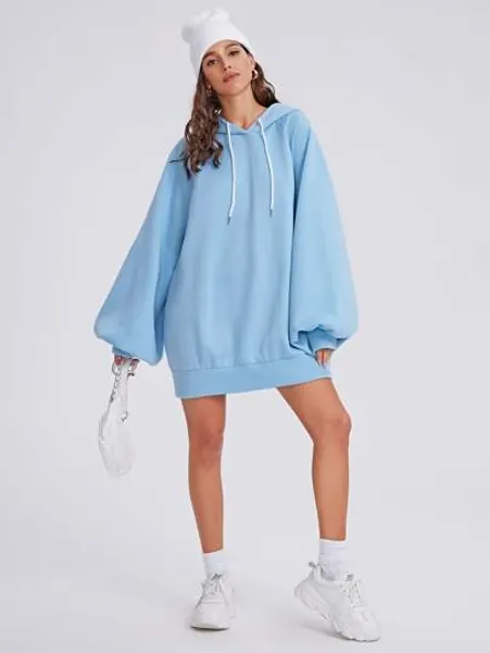 Lantern Sleeve Oversized Hooded Sweatshirt Dress