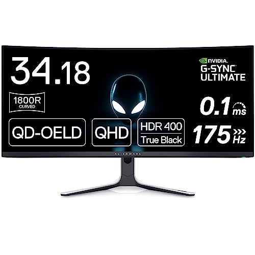 Alienware AW3423DW 34.18-inch Quantom Dot-OLED Curved Gaming Monitor, 3440x1440 pixels at 175Hz, 1800R Curvature, True 0.1ms gray-to-gray, 1Million:1 Contrast Ratio, 1.07 Billions Colors - Lunar Light