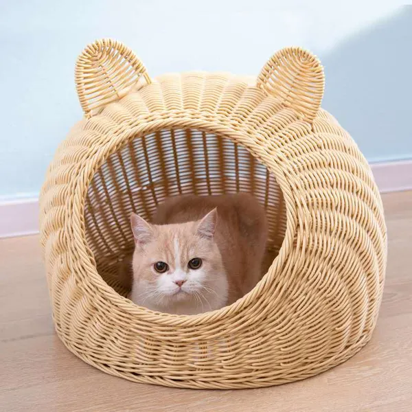 Kitty Ears Woven Calming Cat Cave Cat Condo by Estilo Living - Biege / Large: 40cm(D) x 30cm(H) / 15.7''(D) x 11.8''(H)