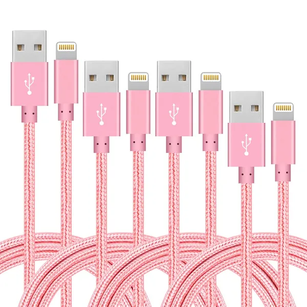 4Pack(3ft 6ft 6ft 10ft) iPhone Lightning Cable Apple Certified Braided Nylon Fast Charger Cable Compatible iPhone Max XS XR 8 Plus 7 Plus 6s 5s 5c Air iPad Mini iPod (Pink)