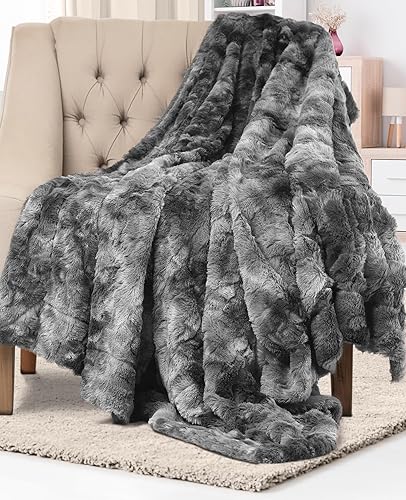 Everlasting Comfort Faux Fur Throw Blanket - Soft, Fluffy, Fuzzy, Plush, Thick, Minky Throws - Gray - Standard Throw (50"x65")