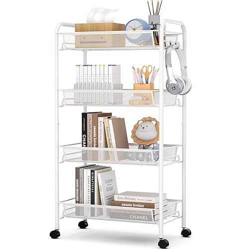 TOOLF 4-Tier Rolling Cart, Metal Utility Cart with 3 Hooks, Easy Assemble Mobile Storage Trolley On Wheels, Metal Shelving Units Kitchen Bathroom Laundry Room - White - Standard 4-Tier