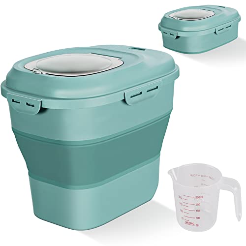 Cereal Rice Food Storage Containers, Collapsible 20 to 50 Lbs Dispenser Bin with Rolling Wheel Airtight Locking Lid, Dog Pet Cat Flour Sugar Plastic Leakproof Sealable Large Kitchen Pantry Holder - Green