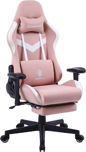 Dowinx Gaming Chair Breathable Fabric Office Chair with Pocket Spring Cushion and Massage Lumbar Support, High Back Ergonomic Computer Chair Adjustable Swivel Task Chair with Footrest Pink - Pink
