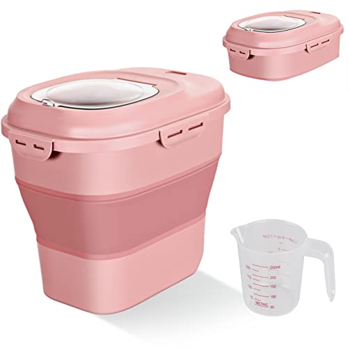 Cereal Rice Food Storage Containers, Collapsible 20 to 50 Lbs Dispenser Bin with Rolling Wheel Airtight Locking Lid, Dog Pet Cat Flour Sugar Plastic Leakproof Sealable Large Kitchen Pantry Holder - Pink