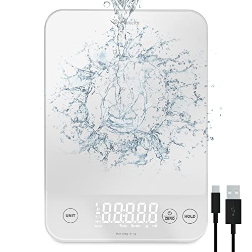 Etekcity Luminary Lite 22lb Food Kitchen Digital Scale, IPX6 Waterproof, Rechargeable, Ounces and Grams for Weight Loss, Cooking, Baking, 0.05oz/1g Precise Graduation, Silver White - 22lb Waterproof - White