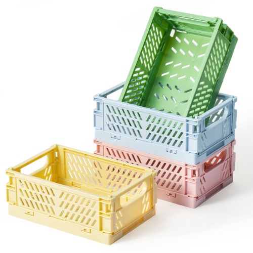 D1resion 4Pcs Mini Stackable Crates Decor Danish Pastel Aesthetic Stacking Folding Plastic Storage Crate Foldable Bin Baskets Tray with Handles for Shelf Grocery Kitchen Bedroom Desktop Organizer Box - 