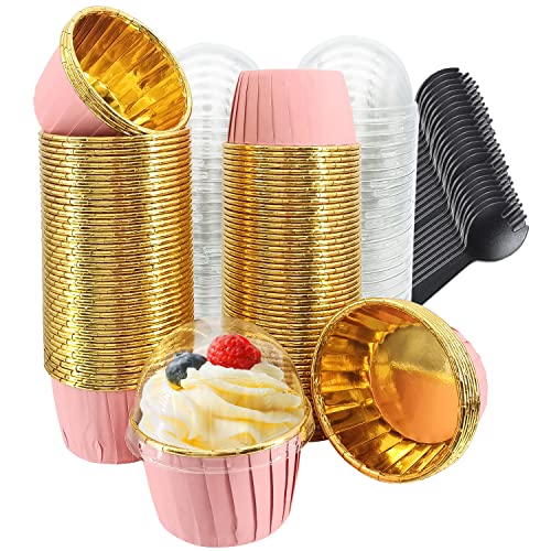 Cupcake Liners for Baking 100Pack,Free-Air 3.5Oz Foil Baking Cups with Dome Lids,Disposable Muffin Tins Muffin Cups for Wedding Birthday Party, with Spoons-Pink in gold - Pink