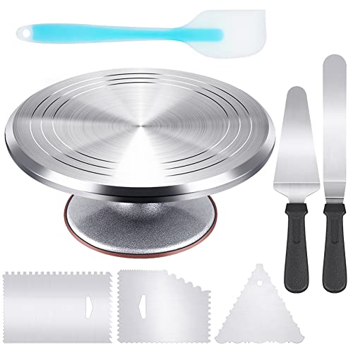 Kootek 12 Inch Cake Turntable Cake Decorating Kit Supplies, 7 Pcs Baking Supplies Aluminium Alloy Revolving Cake Decorating Stand, with 3 Icing Smoother, Icing Spatula, Silicone Spatula, Cake Cutter