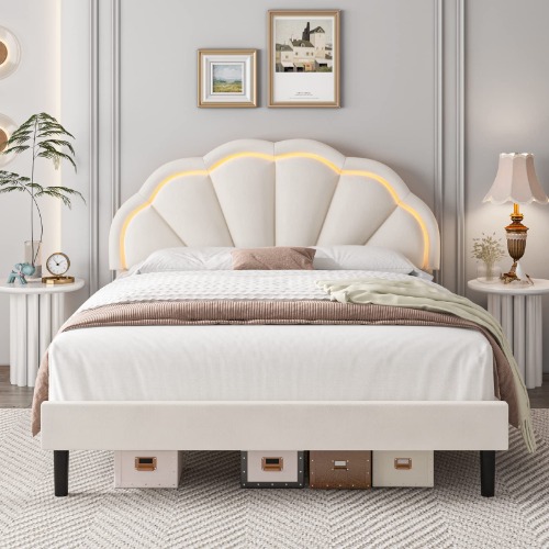 HIFIT Queen Upholstered Smart LED Bed Frame with Adjustable Elegant Flowers Headboard, Platform Bed Frame Queen Size with Wooden Slats Support, No Box Spring Needed, Easy Assembly, Beige - Queen Beige
