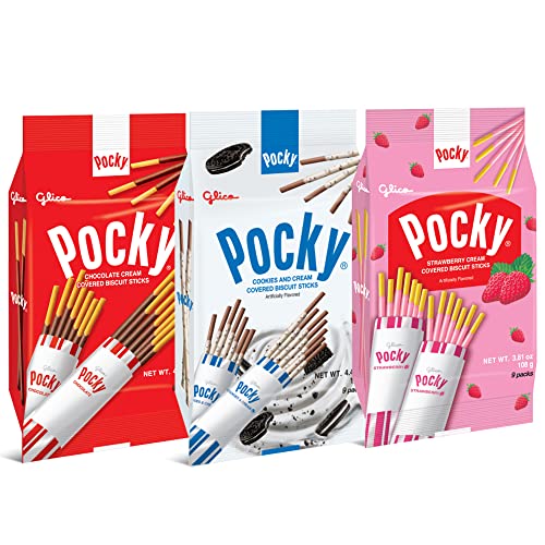 Pocky Sticks Japanese Snacks Pocky Variety Pack of 3 Asian Snacks - Poky Stix Strawberry, Chocolate, Cookies, and Cream Asian Candy by Grateful Grocer - Chocolate,Strawberry,Cookies & Cream, Matcha - 1 Count