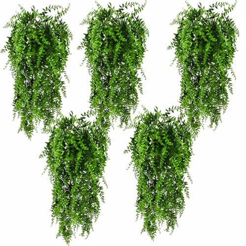 HERCOCCI 5 Pack Reptile Plants, Terrarium Hanging Plants Vines Artificial Leaves Habitat Decorations with Suction Cup for Bearded Dragon Hermit Crab Lizard Snake Geckos Chameleon - 5 Pack