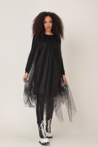 Oversized midi dress in asymmetrical tulle net layers: /AWENA/ | S / Black