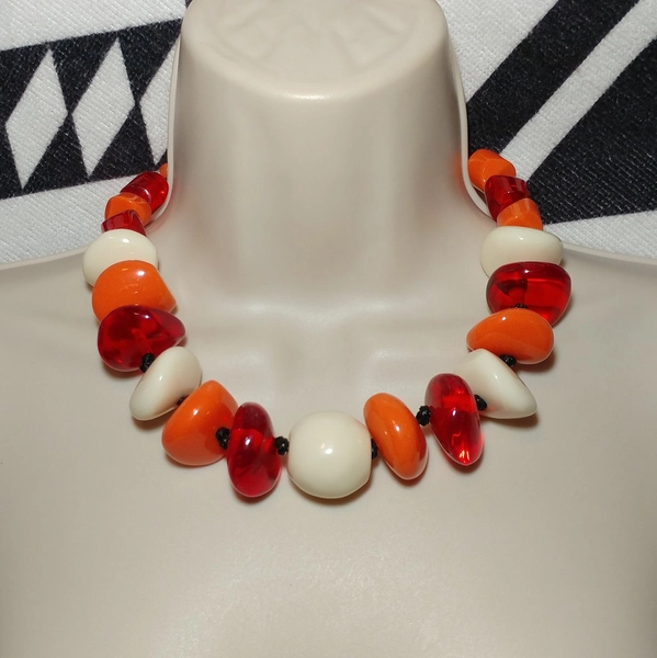 Vintage Orange, Red and White Lucite Bead Necklace Choker