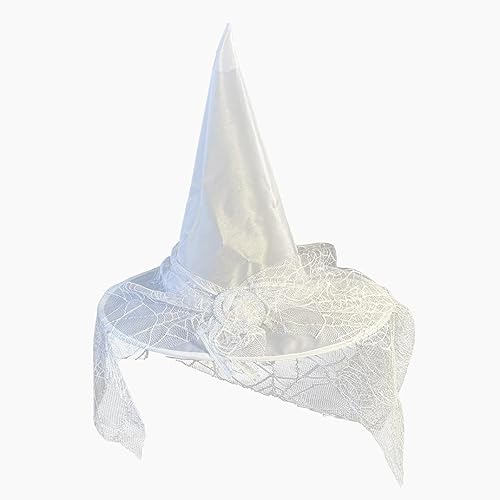 Zzalalana Halloween White Witch Hat Spiders Web Veils Wizard Cap Women Wide Brim Pointed Hat Party Cosplay Costume - White - One Size