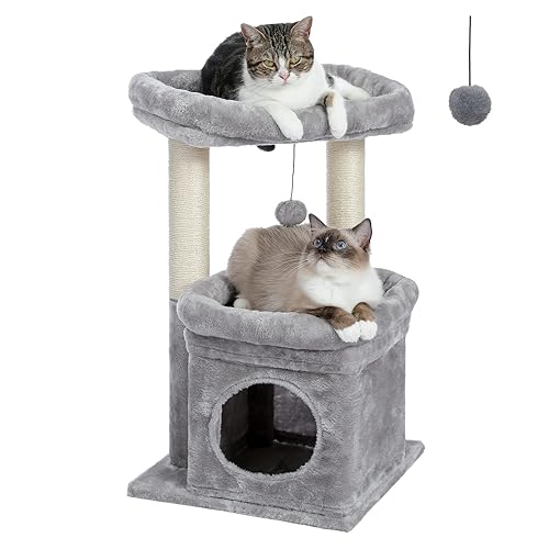 PEQULTI Cat Tree Tower for Indoor Cats with Private Cozy Cat Condo, Natural Sisal Scratching Posts and Plush Pom-pom for Small Cats - 27‘’ Sleeping Tree - Grey