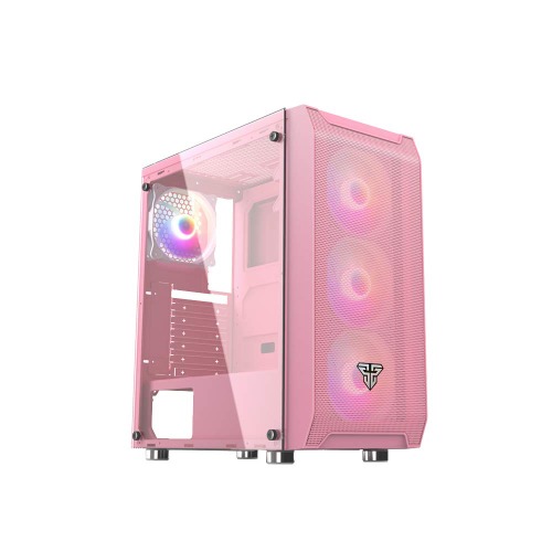 Fantech PC Gaming Computer Desktop Case Tempered Glass Side Panel ATX Tower with 4 x 120mm Fixed RGB Rainbow Fan Pre-Installed, Dust Filter (CG80) (Pink)